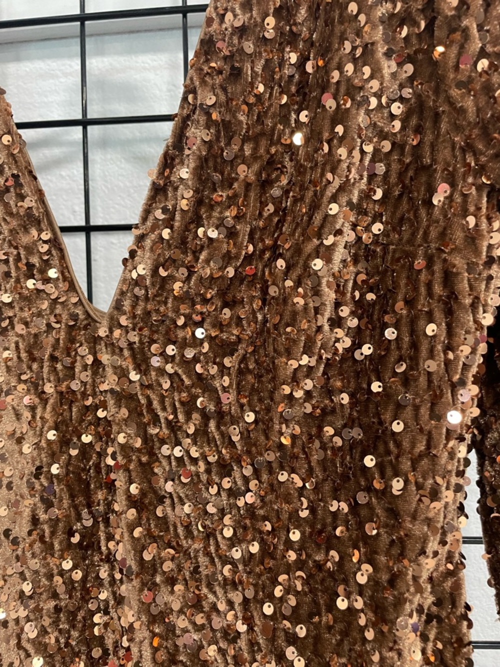 Sequined V-Neck Long Sleeve Cocktail Dress in Bronze - Picture 6 of 8
